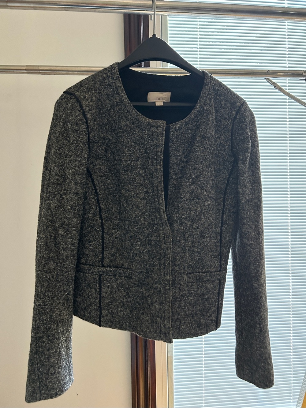 LOFT Charcoal Gray Collarless Tweed Blazer
